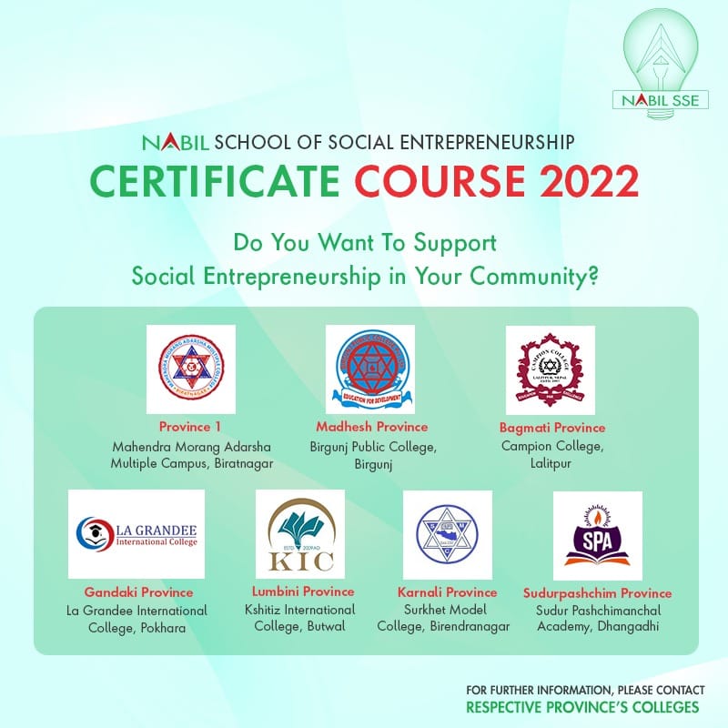 नबिल स्कुल अफ सोसियल इन्टरपे्रनरसिप अन्तर्गतको प्रमाणपत्र कार्यक्रमका लागि आवेदन खुला, सातै प्रदेशबाट आवेदन दिन सक्ने 